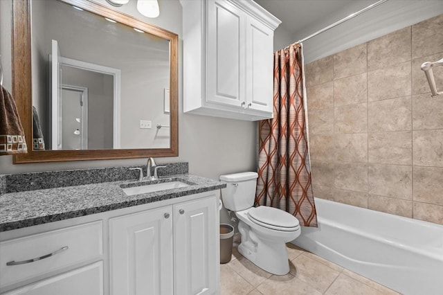 full bath featuring tile patterned floors, toilet, shower / bath combo, and vanity