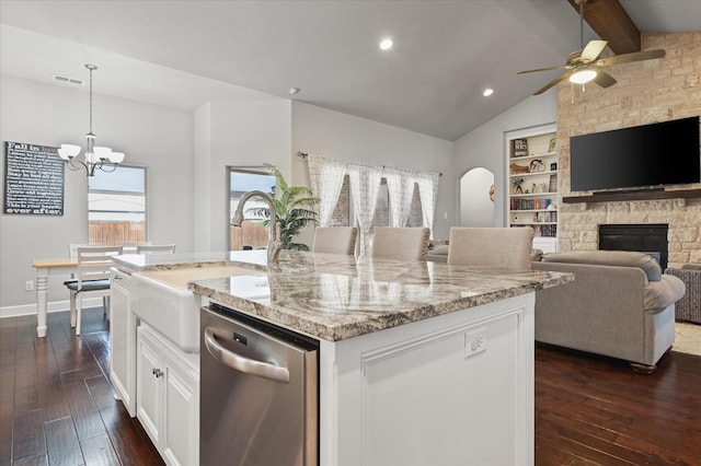 kitchen with visible vents, vaulted ceiling with beams, dishwasher, dark wood-style flooring, and a sink