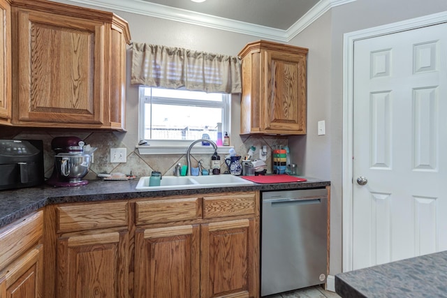 kitchen with stainless steel dishwasher, a sink, decorative backsplash, crown molding, and brown cabinets