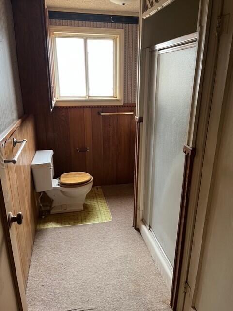 3193 US Highway 385, Littlefield, TX 79339 - full bathroom featuring wood walls, toilet, a wainscoted wall, wallpapered walls, and a stall shower