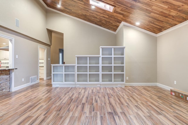 unfurnished living room featuring crown molding, high vaulted ceiling, wooden ceiling, and light hardwood / wood-style floors