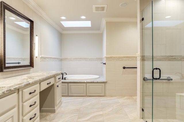 bathroom with crown molding, a skylight, vanity, and independent shower and bath