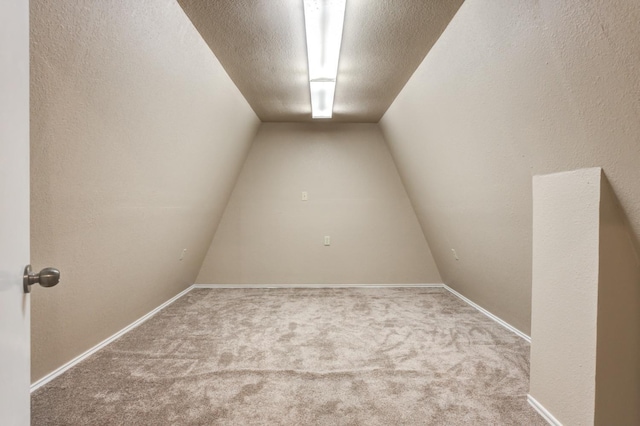 interior space featuring lofted ceiling, carpet, and a textured ceiling