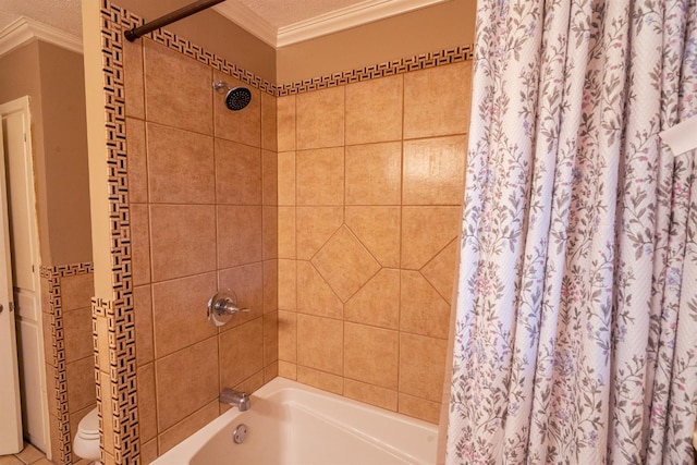 bathroom with shower / bath combination with curtain, ornamental molding, and a textured ceiling