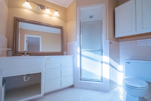 bathroom featuring walk in shower, toilet, ornamental molding, vanity, and tile patterned flooring