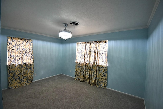 carpeted empty room featuring crown molding and a textured ceiling