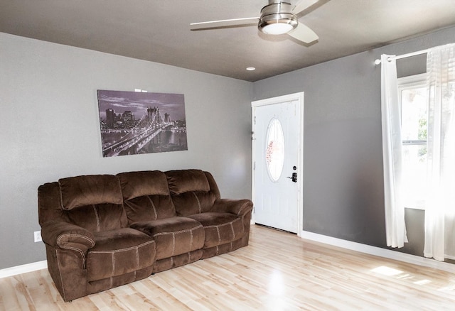 living room with ceiling fan and light wood-type flooring