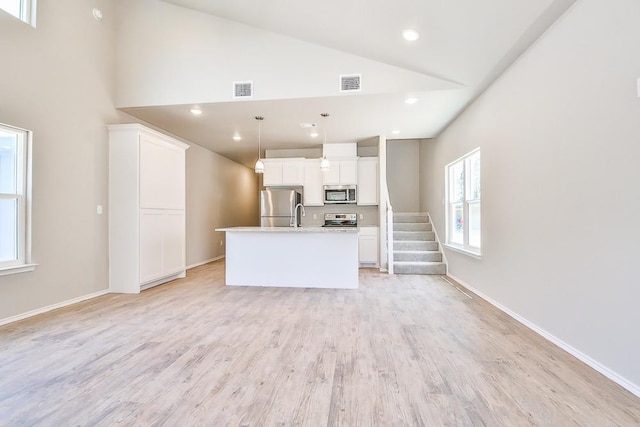 unfurnished living room with sink, high vaulted ceiling, and light wood-type flooring