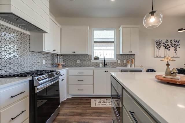 kitchen featuring a sink, stainless steel appliances, light countertops, premium range hood, and dark wood finished floors