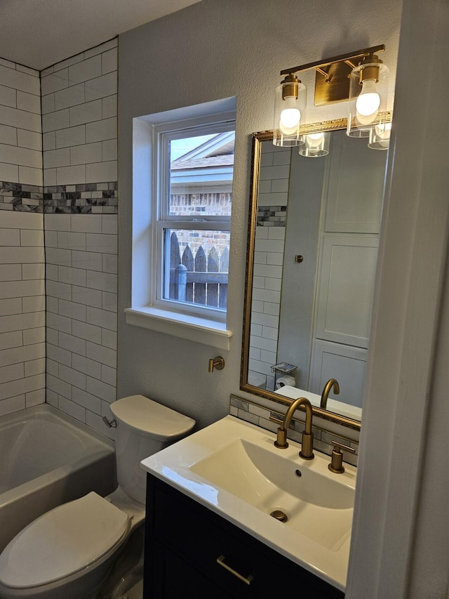 full bathroom featuring toilet, shower / bath combination, and vanity