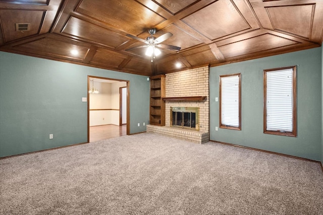 unfurnished living room with carpet, coffered ceiling, wooden ceiling, and a fireplace