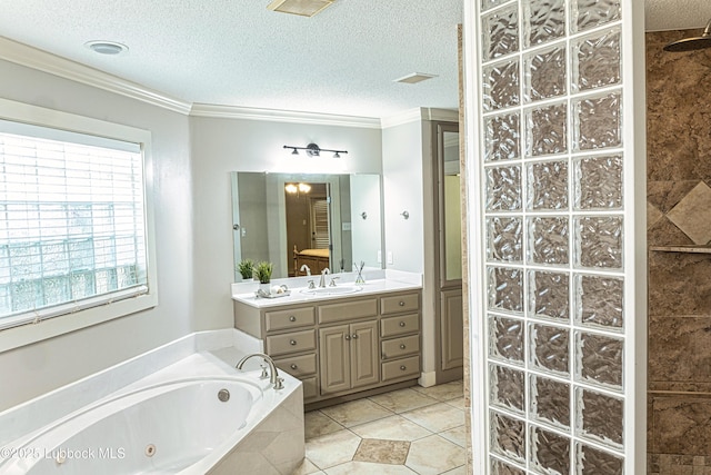 1510 Lancelot Ave, Wolfforth, TX 79382 - full bath with a whirlpool tub, vanity, a tile shower, tile patterned floors, and a textured ceiling