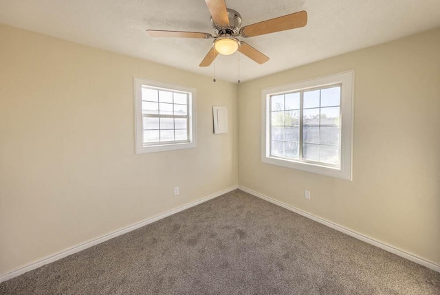 empty room with ceiling fan, a healthy amount of sunlight, and carpet