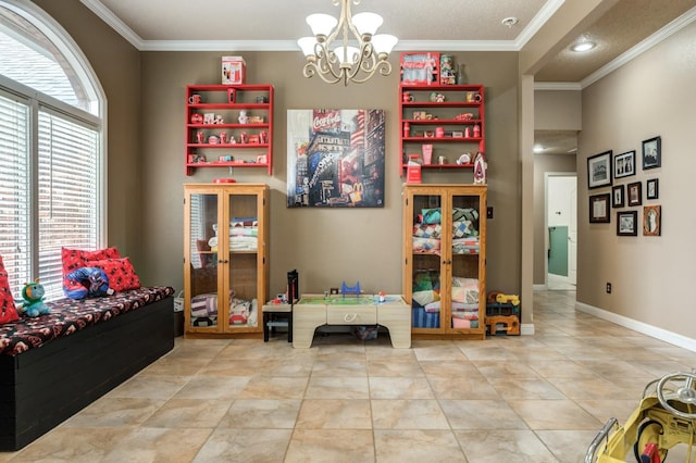 game room with crown molding, tile patterned floors, and a chandelier