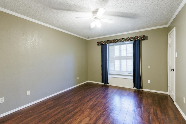 spare room with ornamental molding, dark wood-type flooring, a textured ceiling, and ceiling fan