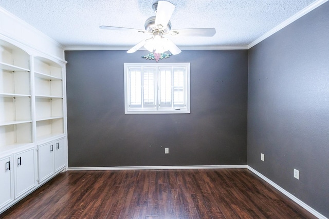 unfurnished room with crown molding, dark hardwood / wood-style floors, built in features, and a textured ceiling