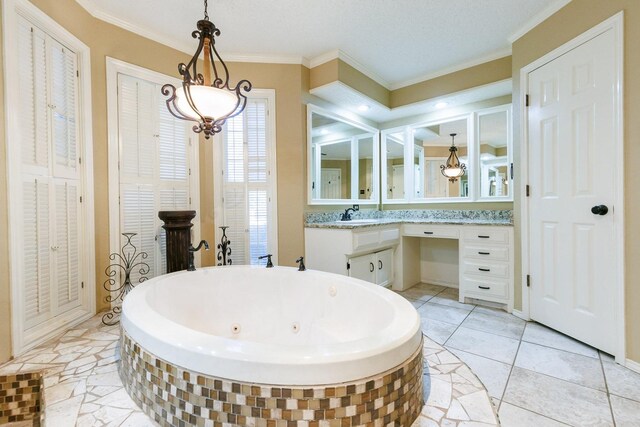 bathroom featuring vanity, a relaxing tiled tub, and ornamental molding