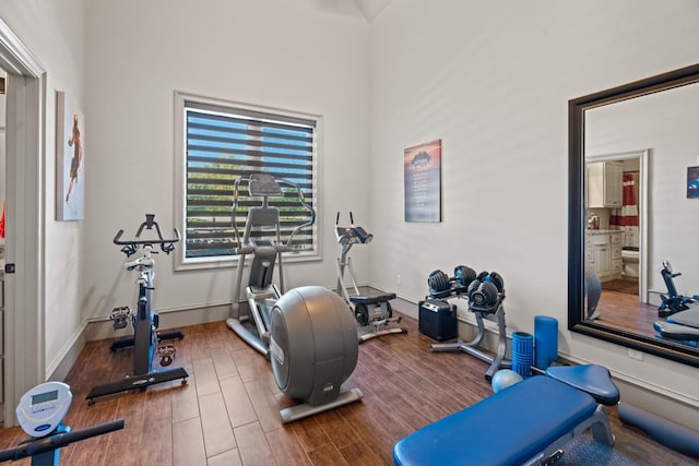 exercise room with dark hardwood / wood-style floors