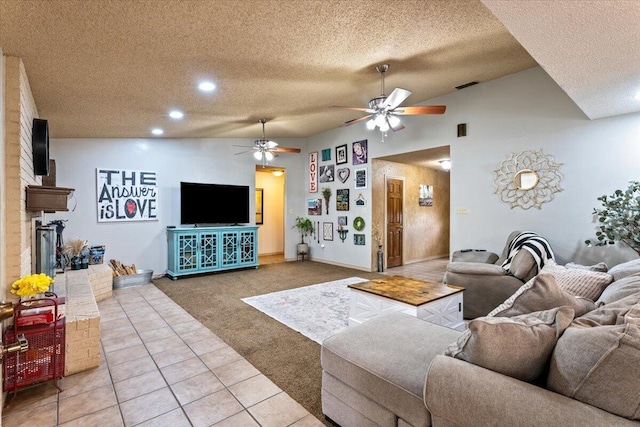 2917 Dove Ln, Denver City, TX 79323 - living room with a ceiling fan, a textured ceiling, light colored carpet, lofted ceiling, and recessed lighting