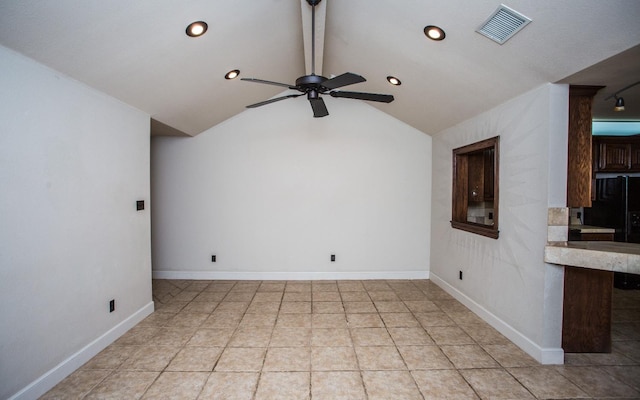 unfurnished living room with vaulted ceiling and ceiling fan