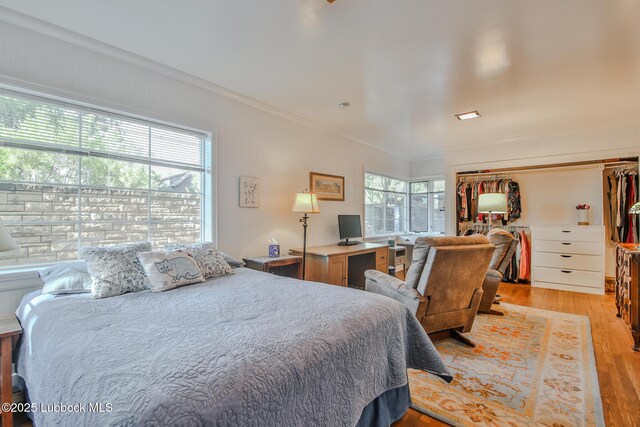 1901 31st St, Lubbock, TX 79411 - bedroom with a closet, light wood-style flooring, crown molding, and a walk in closet