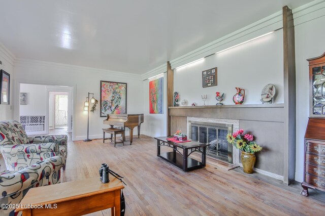 1901 31st St, Lubbock, TX 79411 - living area featuring a glass covered fireplace, wood finished floors, baseboards, and ornamental molding