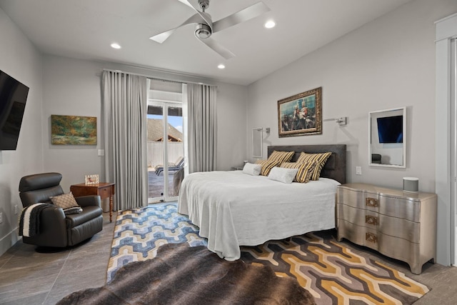 bedroom featuring access to outside, ceiling fan, and recessed lighting