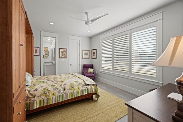 bedroom with ceiling fan, baseboards, connected bathroom, and recessed lighting