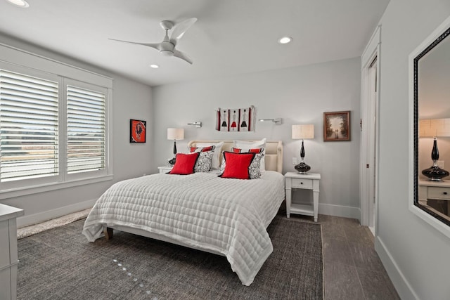 bedroom with recessed lighting, ceiling fan, and baseboards