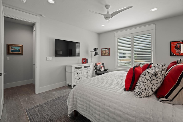 bedroom featuring ceiling fan, recessed lighting, and baseboards