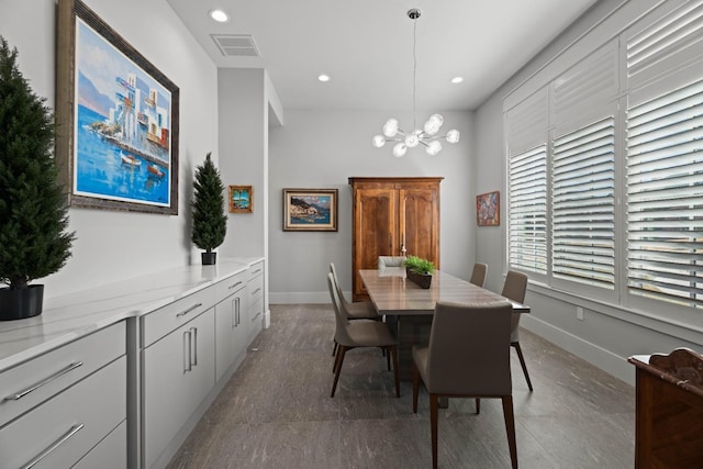 dining room featuring baseboards, recessed lighting, visible vents, and an inviting chandelier