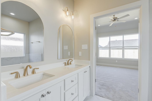 bathroom featuring vanity and ceiling fan