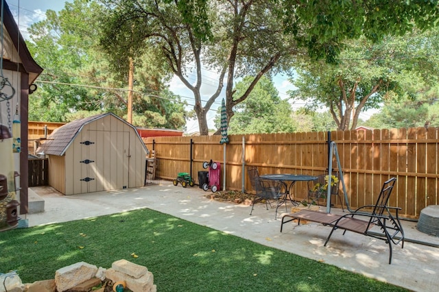 view of yard with a storage unit and a patio