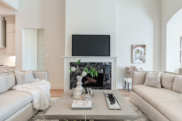 living room featuring a high end fireplace and light wood-type flooring