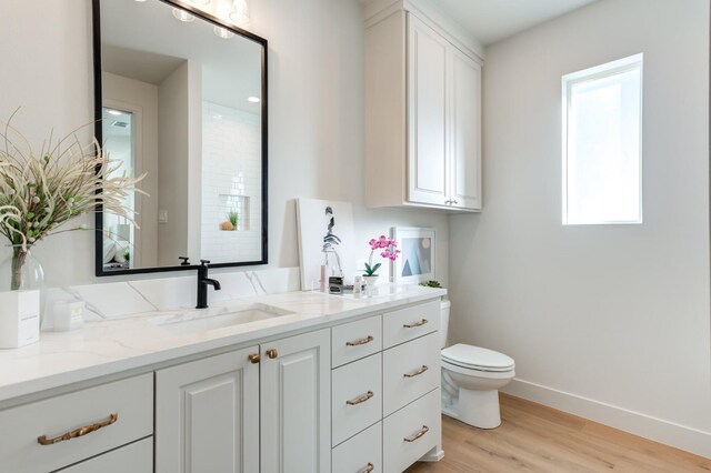 bathroom with vanity, hardwood / wood-style floors, and toilet