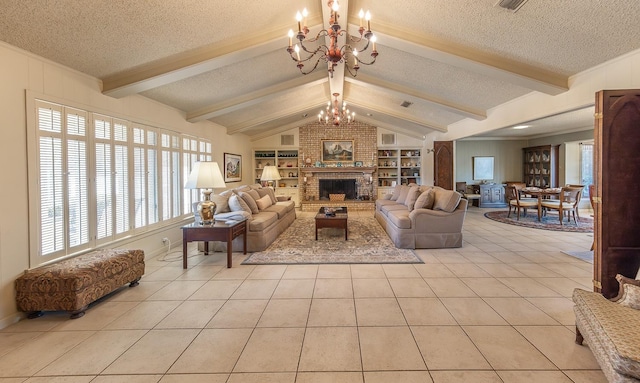 tiled living room with built in shelves, vaulted ceiling with beams, a chandelier, a textured ceiling, and a fireplace