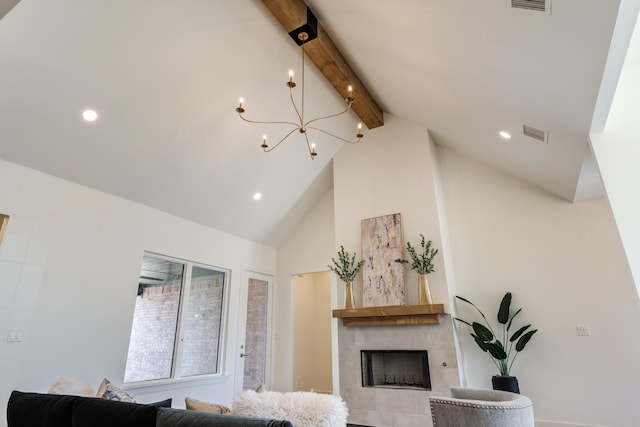 4610 138th Pl, Lubbock, TX 79424 - living area with beamed ceiling, a chandelier, a tiled fireplace, recessed lighting, and high vaulted ceiling