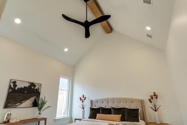 4610 138th Pl, Lubbock, TX 79424 - bedroom featuring beamed ceiling, high vaulted ceiling, and recessed lighting