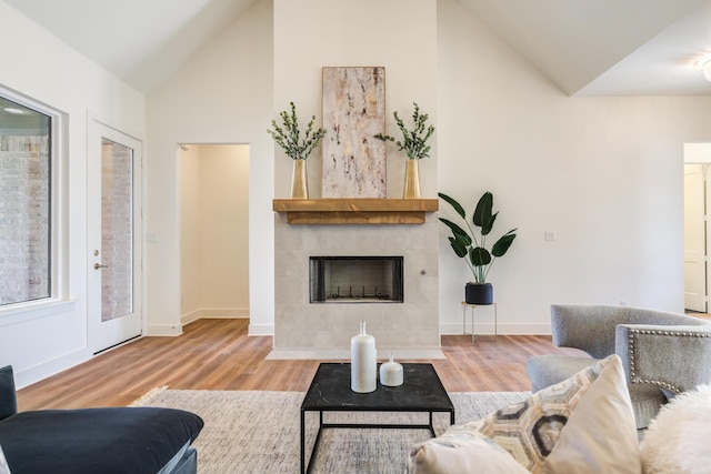 4610 138th Pl, Lubbock, TX 79424 - living area featuring wood finished floors, a tiled fireplace, and high vaulted ceiling