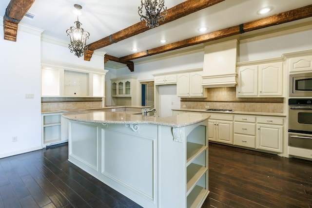 kitchen with decorative light fixtures, custom exhaust hood, stainless steel appliances, and dark wood-type flooring