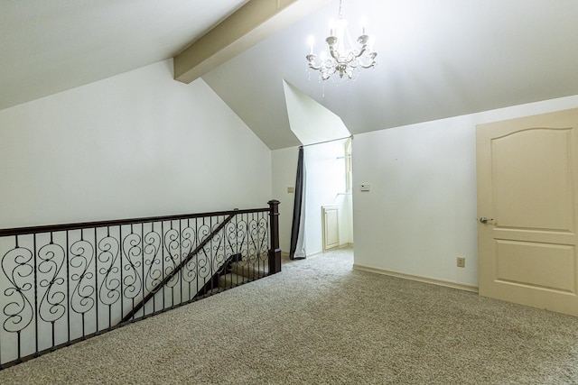 bonus room with lofted ceiling with beams, carpet, and an inviting chandelier