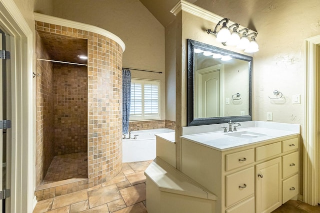 bathroom with vanity and plus walk in shower