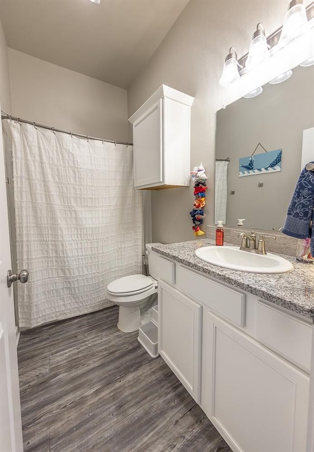 bathroom with vanity, hardwood / wood-style floors, and toilet