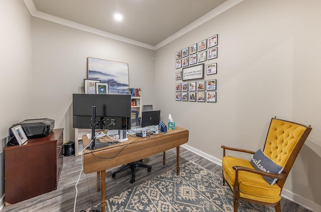 office featuring wood-type flooring and crown molding