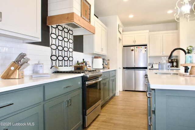 1023 N Fulton Ave, Lubbock, TX 79416 - kitchen with appliances with stainless steel finishes, tasteful backsplash, a sink, light countertops, and light wood-style floors