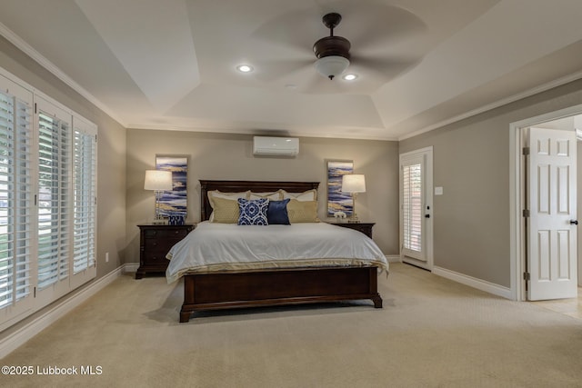 9406 Wayne Ave, Lubbock, TX 79424 - bedroom with a raised ceiling, a wall unit AC, light carpet, ornamental molding, and baseboards