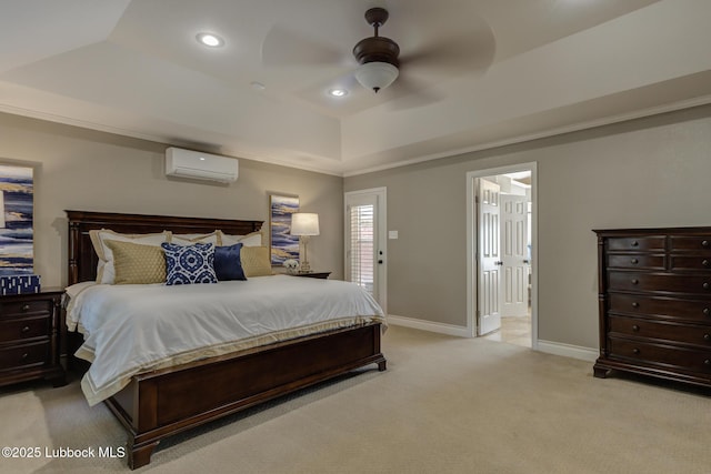 9406 Wayne Ave, Lubbock, TX 79424 - bedroom featuring a wall mounted air conditioner, light carpet, a raised ceiling, baseboards, and a ceiling fan