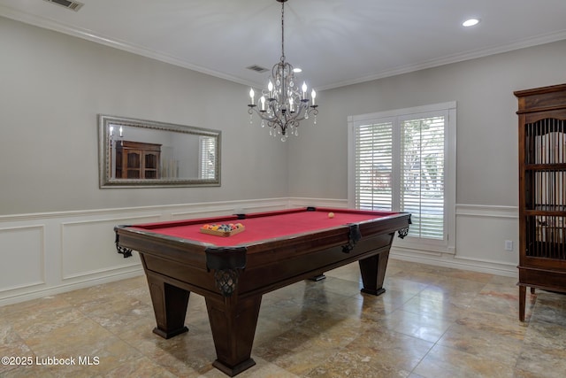 9406 Wayne Ave, Lubbock, TX 79424 - rec room with ornamental molding, pool table, a chandelier, a decorative wall, and wainscoting