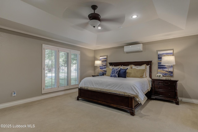 9406 Wayne Ave, Lubbock, TX 79424 - carpeted bedroom featuring a wall mounted AC, a raised ceiling, baseboards, and ceiling fan