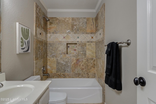 9406 Wayne Ave, Lubbock, TX 79424 - bathroom featuring toilet, ornamental molding, shower / bathtub combination, and vanity